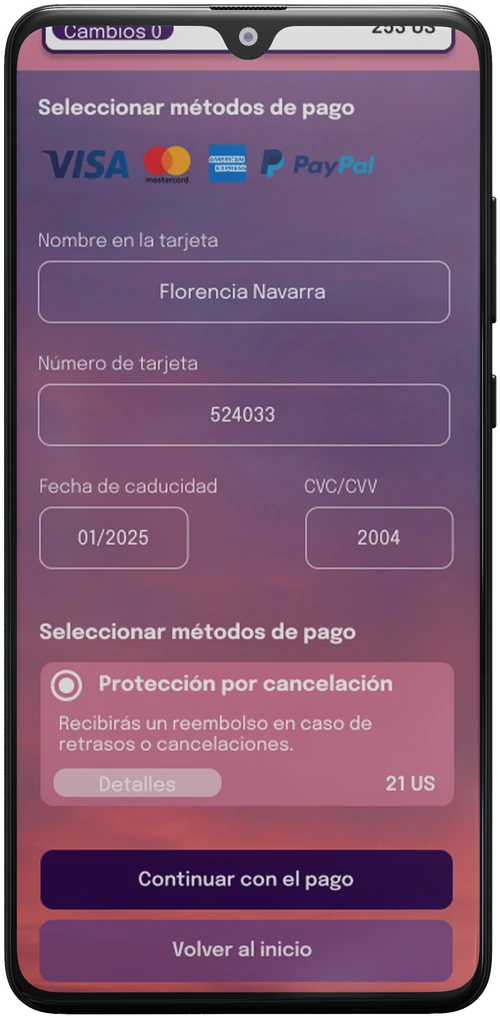 Pantalla de pago y protección por cancelación