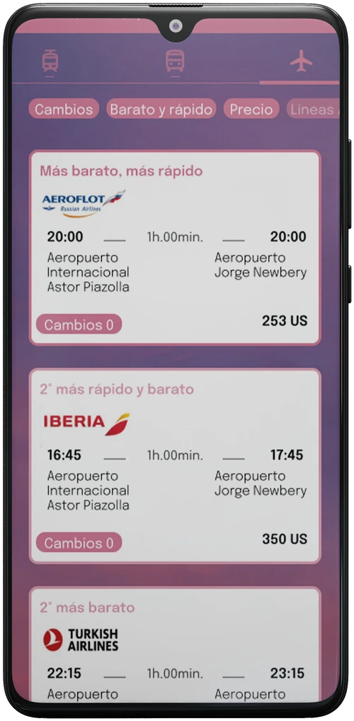 Resultados de vuelos de distintas aerolíneas
